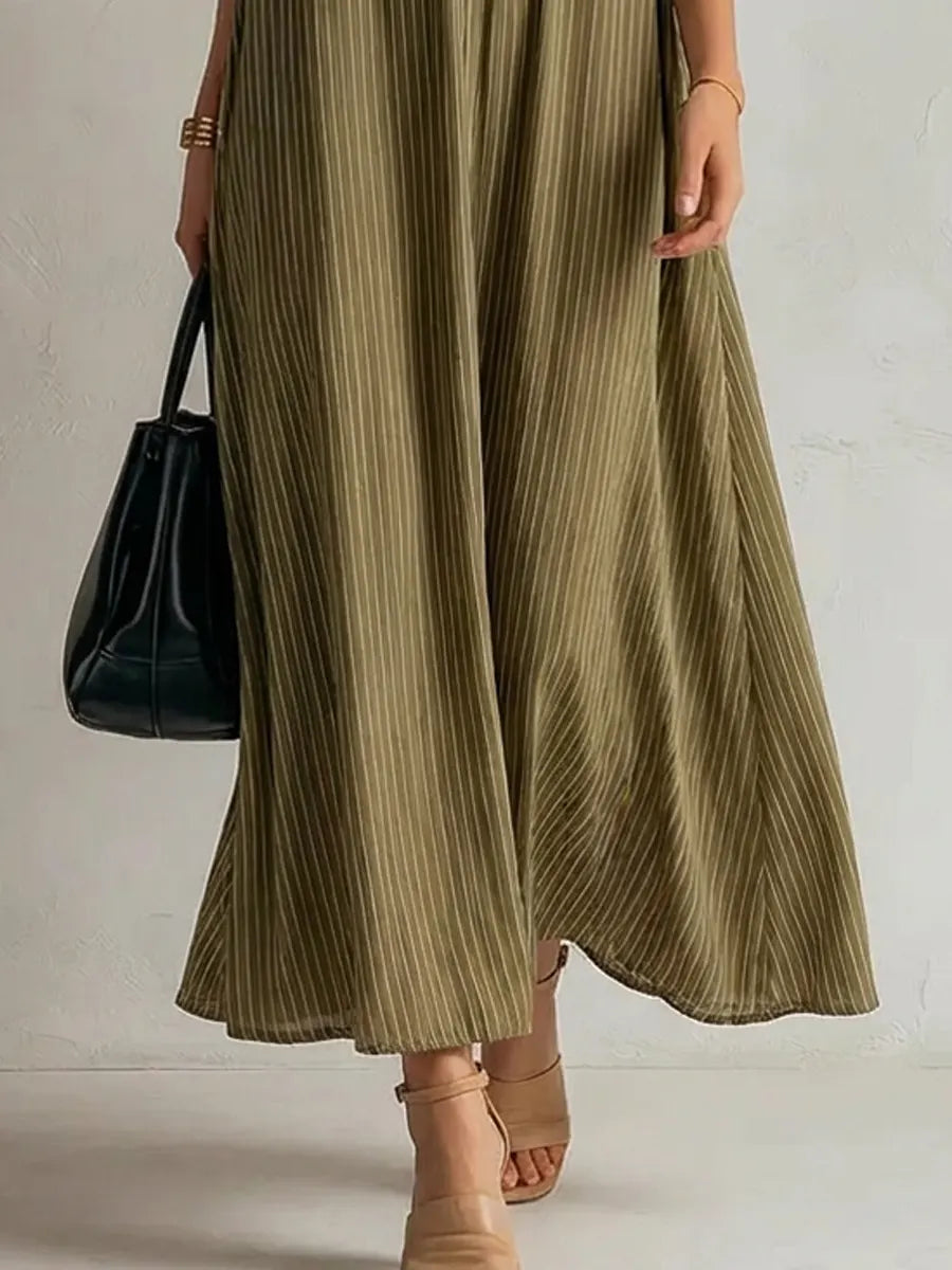 Women's Linen V-Neck Loose Fit Short Sleeve Kaftan Relaxed Boho Maxi Dress