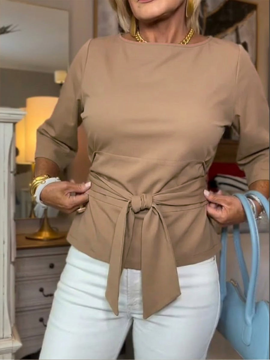Women's Half Sleeve Tie Front Crew Neck Knit Top