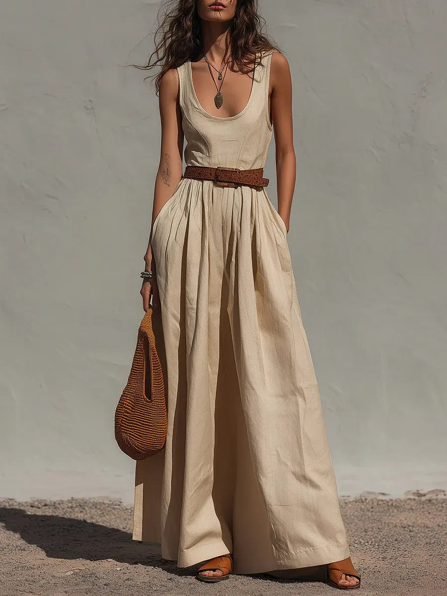 Women's High Waisted Linen Wide Leg Jumpsuit