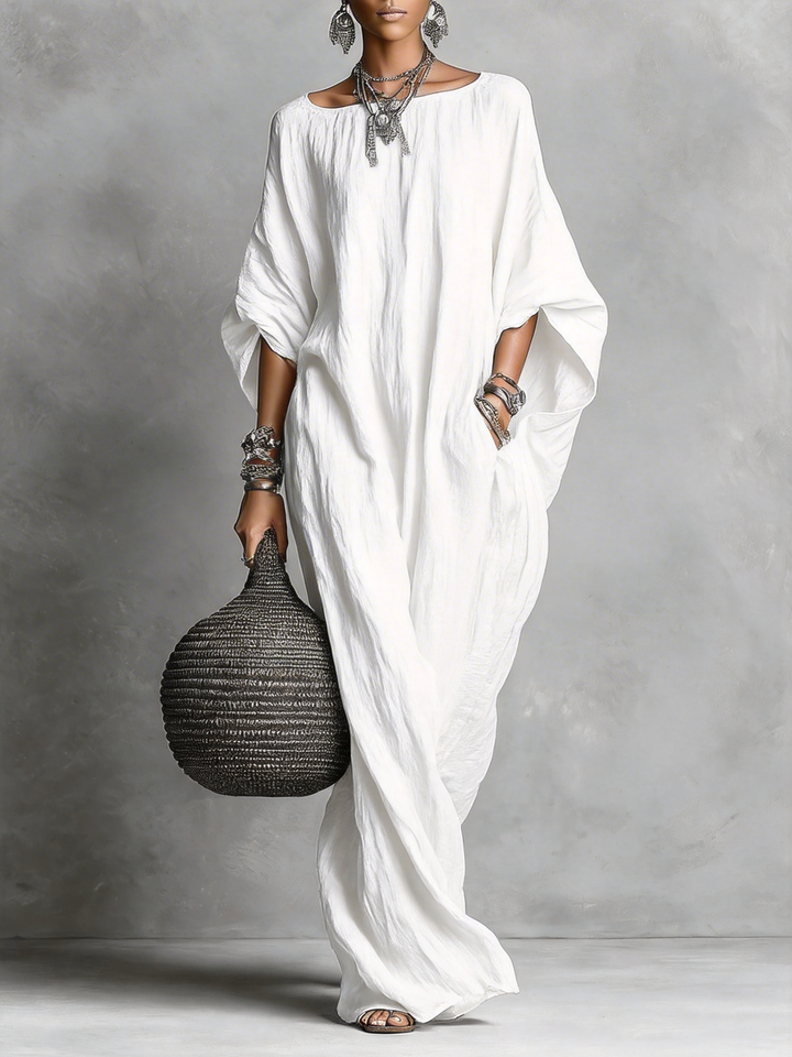 Women's Linen Maxi Kaftan Dress Bohemian Oversized Batwing Sleeve Long Gown
