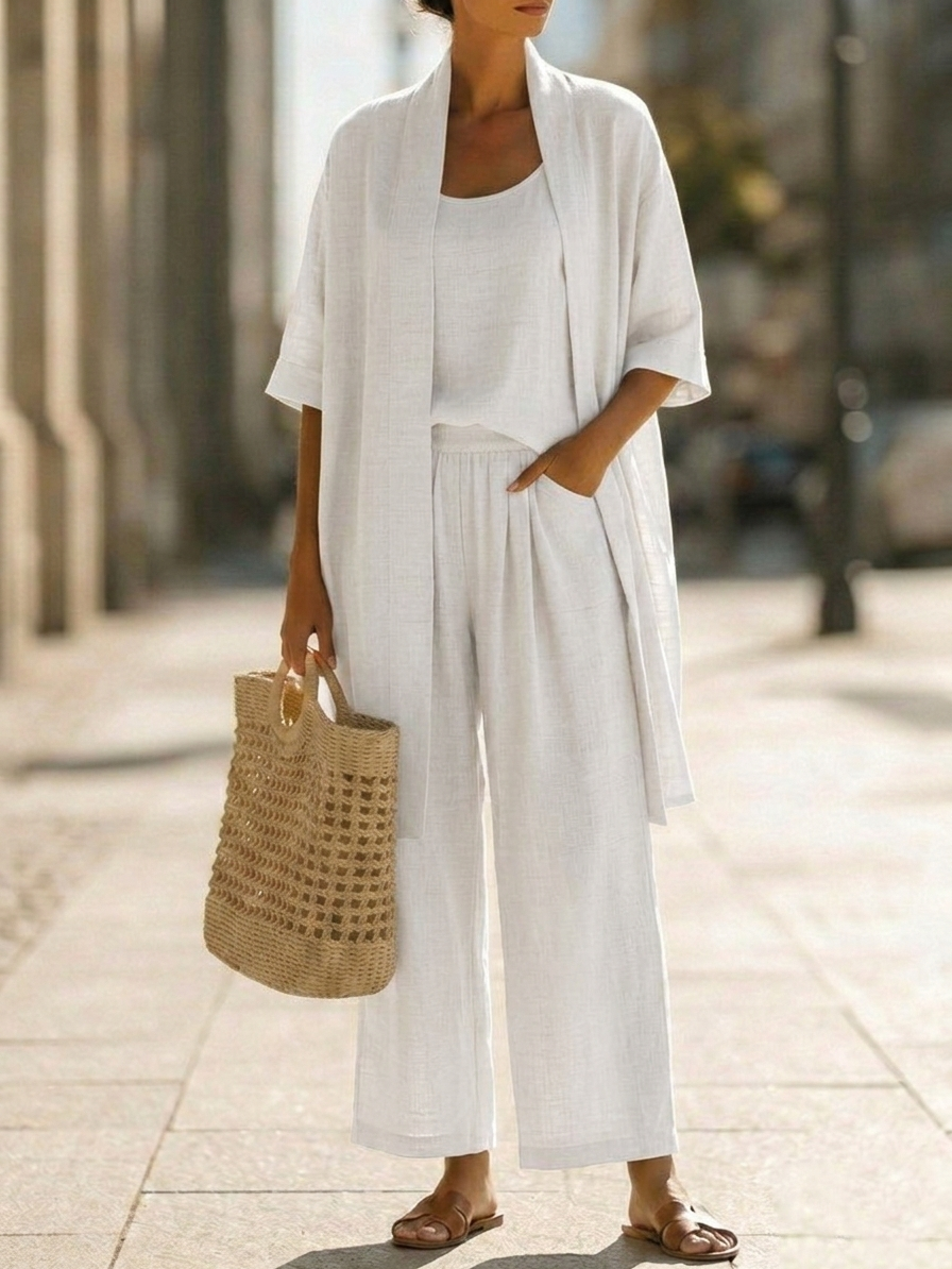 Women's Linen Blend 3 Piece Wide Leg Trouser Set with Open Front Cardigan