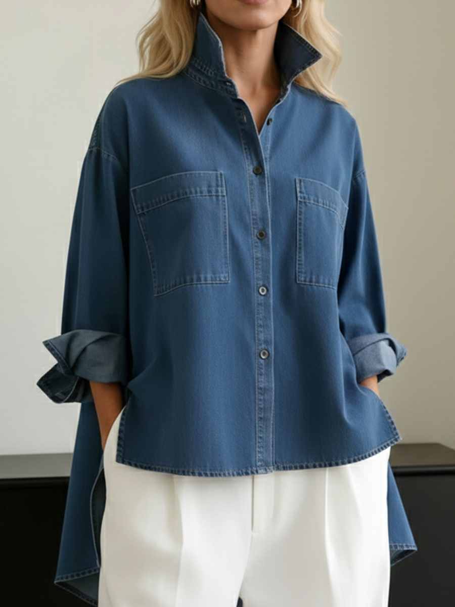 Women's Denim Shirt High Low Loose Blouse Top