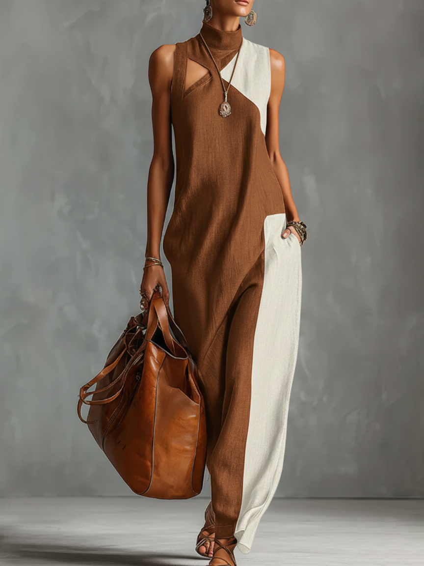 Women's Linen Sleeveless High Neck Cutout Maxi Dress