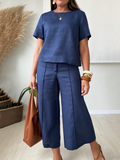 Women's Linen Two Piece Set Top and Wide Leg Trousers