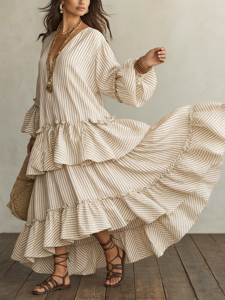 Women’s Boho V Neck Tiered Maxi Dress Linen Blend Bell Sleeve Loose Fit