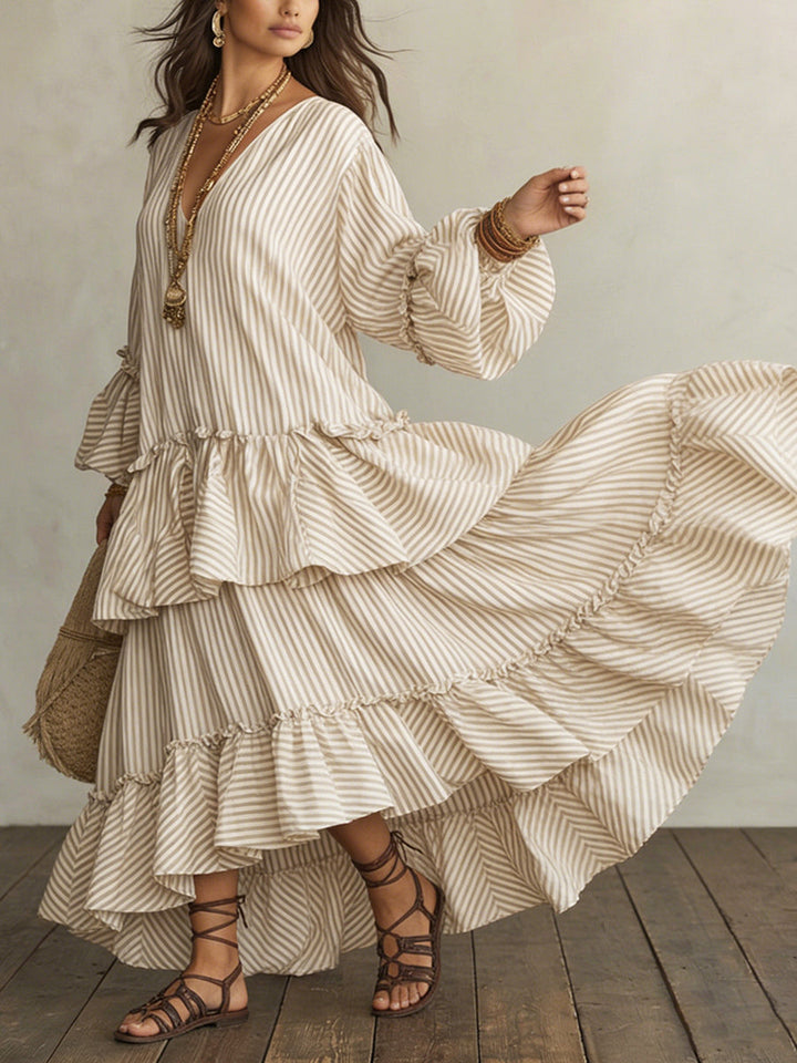 Women’s Boho V Neck Tiered Maxi Dress Linen Blend Bell Sleeve Loose Fit