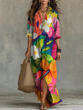 Women's Linen Floral Maxi Dress Long Sleeve Shirt Dress