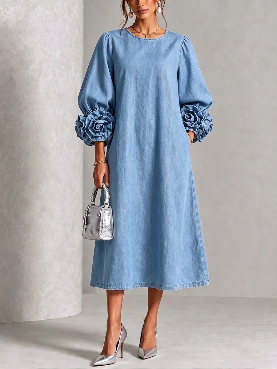Robe midi trapèze en denim pour femme à manches bouffantes