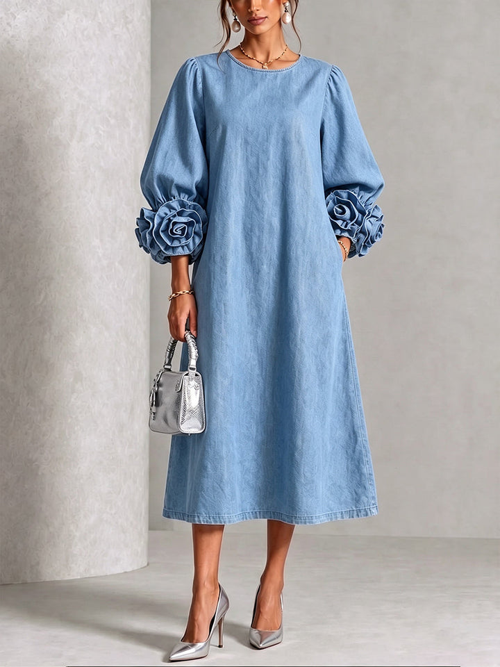 Robe midi trapèze en denim pour femme à manches bouffantes