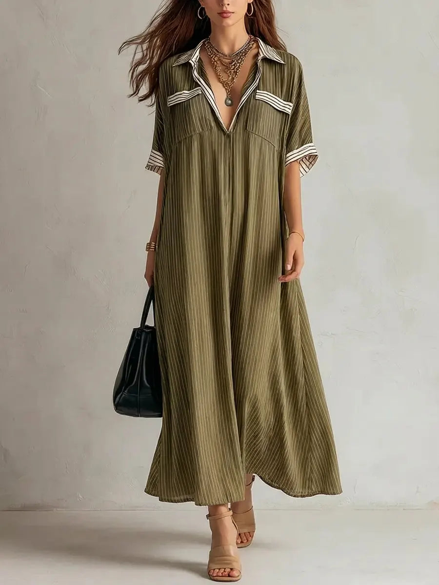 Women's Linen V-Neck Loose Fit Short Sleeve Kaftan Relaxed Boho Maxi Dress
