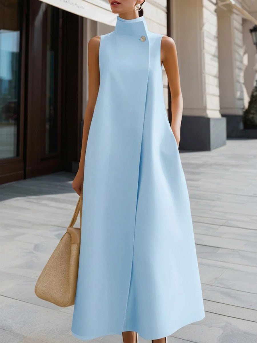 Women's High Neck Sleeveless Maxi Dress Linen Mix A-Line Evening Gown