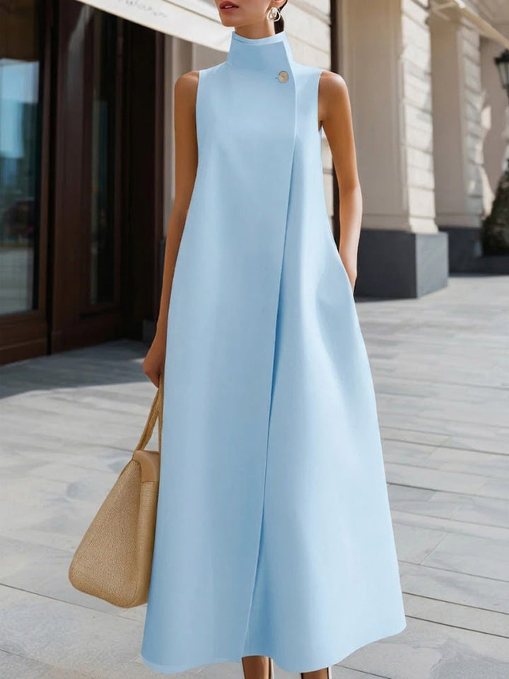 Women's High Neck Sleeveless Maxi Dress Linen Mix A-Line Evening Gown