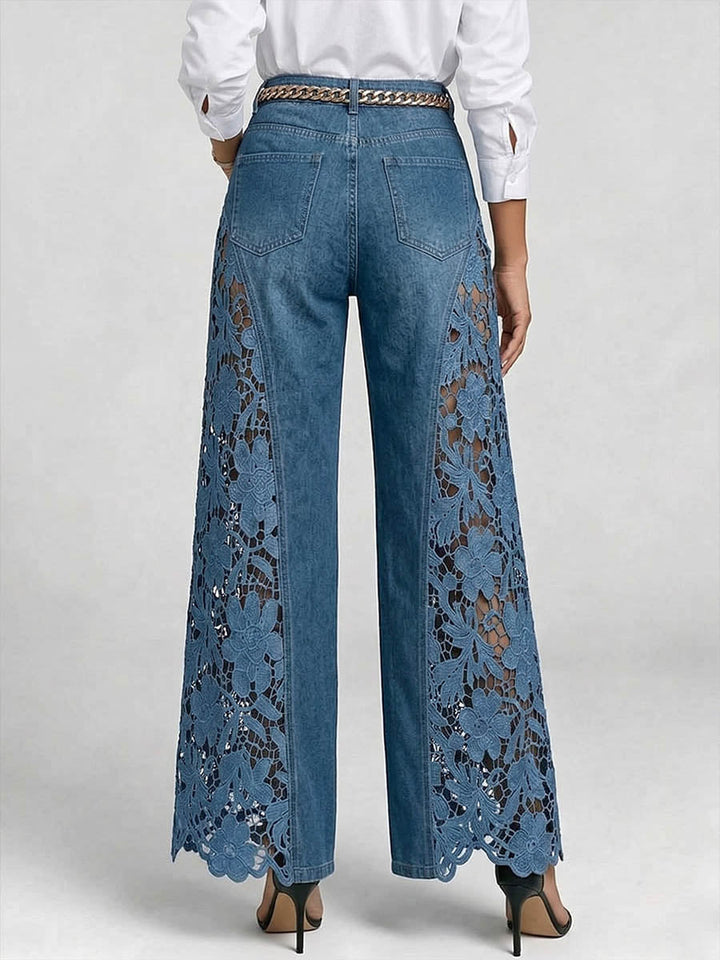 Women's Wide Leg Denim Jeans with Crochet Lace Inset Details