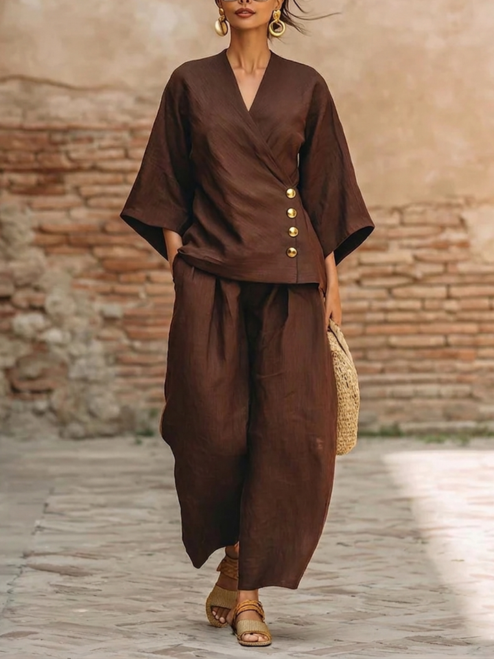 Women's Linen Two Piece V Neck Top and Wide Leg Trousers Set