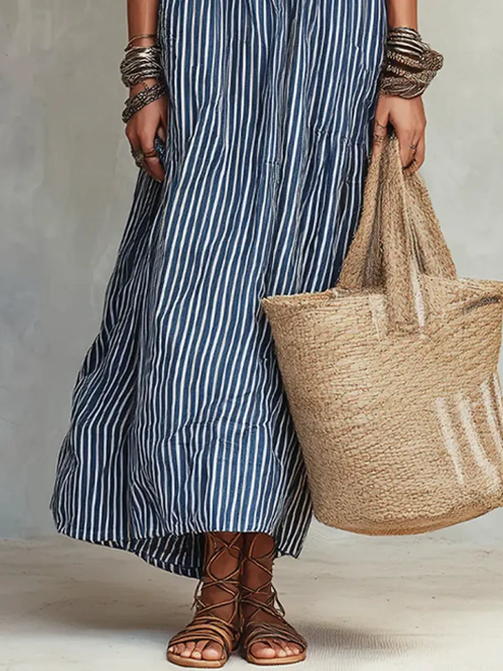 Women's Striped Button Up Linen Shirt Maxi Dress