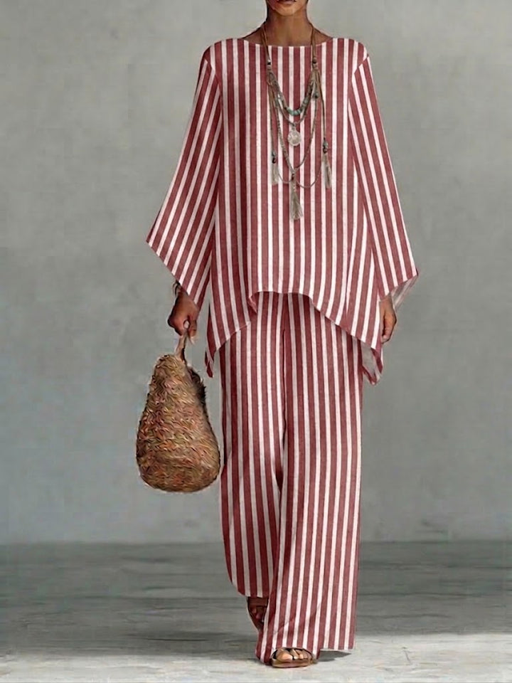 Women's Linen Two Piece Set Striped Batwing Sleeve Top and Wide Leg Trousers