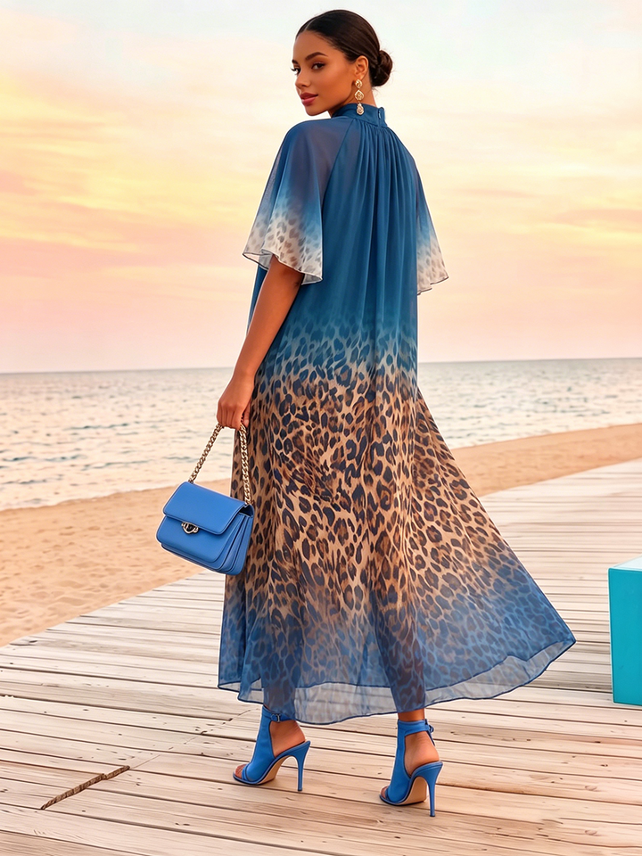 Women's Short Sleeve Mock Neck Loose-Fit Leopard Print Chiffon Maxi Dress