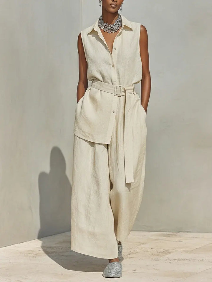 Women's Linen Sleeveless Shirt and Wide Leg Trousers Two Piece Set