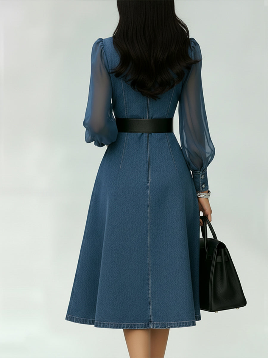 Women's Denim A-Line Dress with Sheer Lantern Sleeves and Belt