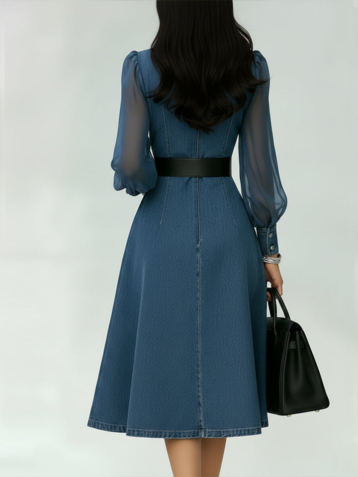 Women's Denim A-Line Dress with Sheer Lantern Sleeves and Belt