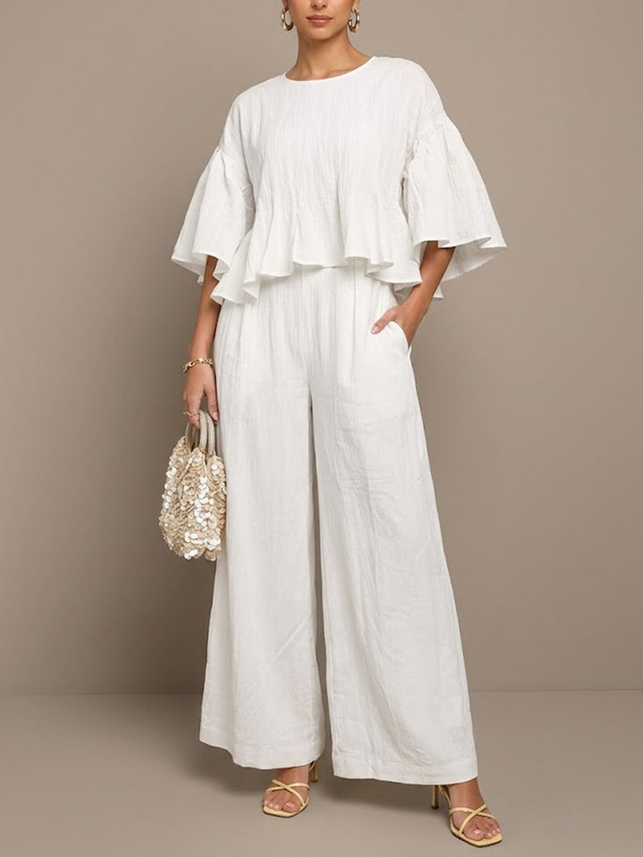 Women's Linen Two Piece Set Ruffle Sleeve Top & Wide-Leg Pants