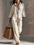 Women's Linen Blend Two Piece Button Down Shirt and Wide Leg Trousers Set