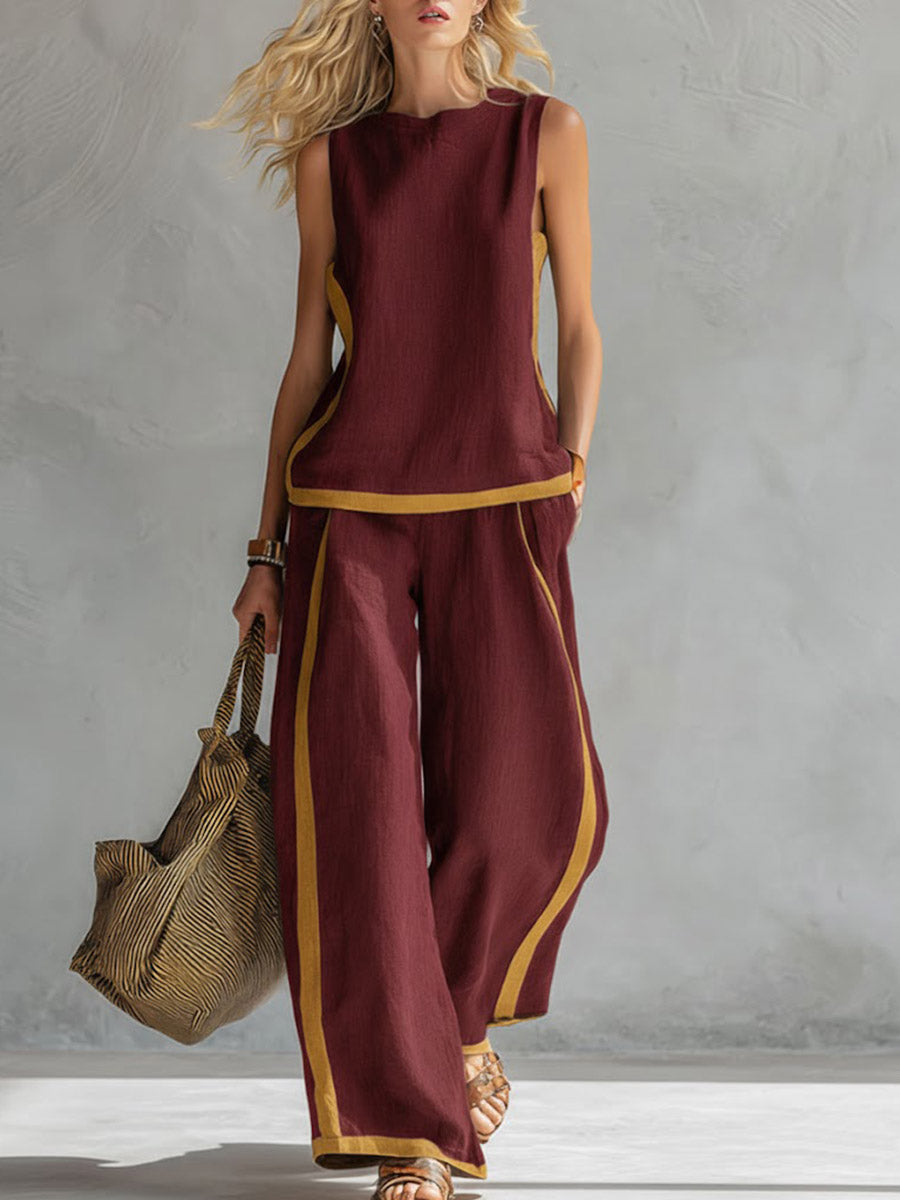 Women's Linen Blend Two Piece Sleeveless Top and Wide Leg Trousers Set