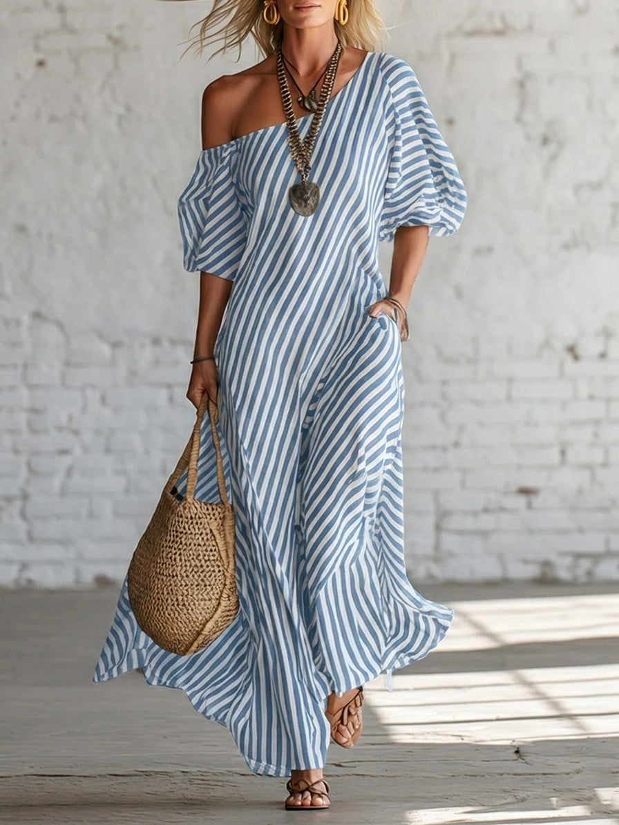 Women's Linen Off the Shoulder Maxi Dress Striped Oversized Sun Dress