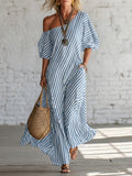 Women's Linen Off the Shoulder Maxi Dress Striped Oversized Sun Dress
