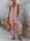 Women’s Linen Blend Gingham Jumpsuit Overalls