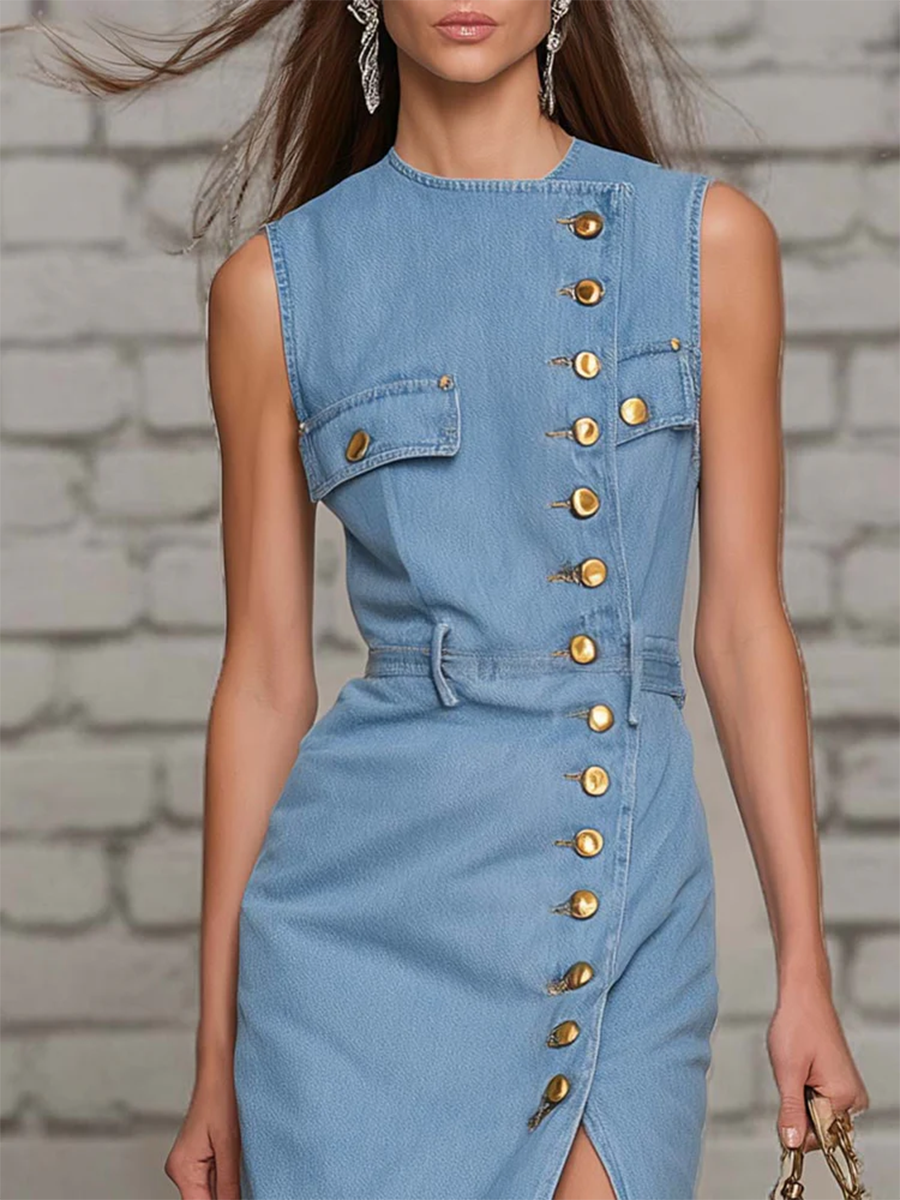 Women's Denim Sleeveless Maxi Dress with Belted Waist and High Slit