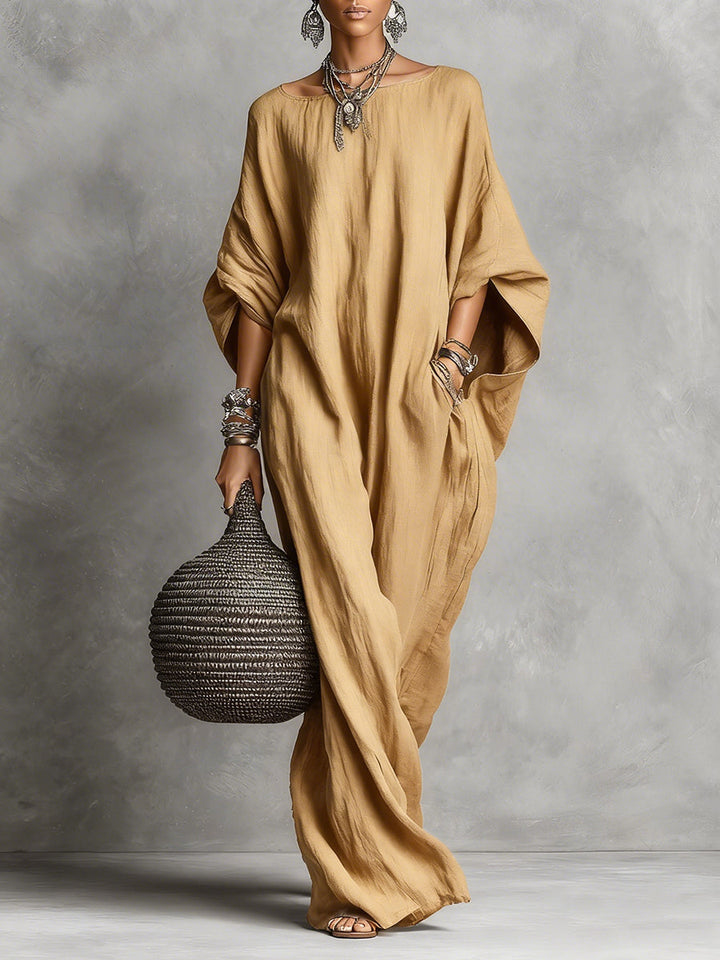 Women's Linen Maxi Kaftan Dress Bohemian Oversized Batwing Sleeve Long Gown
