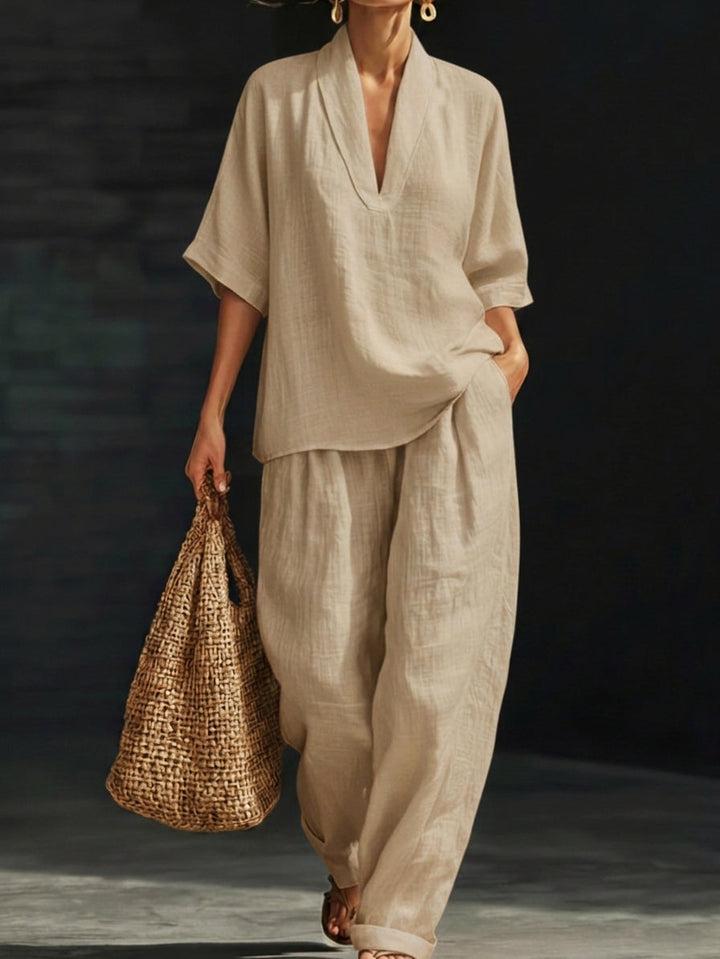 Women's Linen Two Piece Set V Neck Short Sleeve Top and Wide Leg Trousers