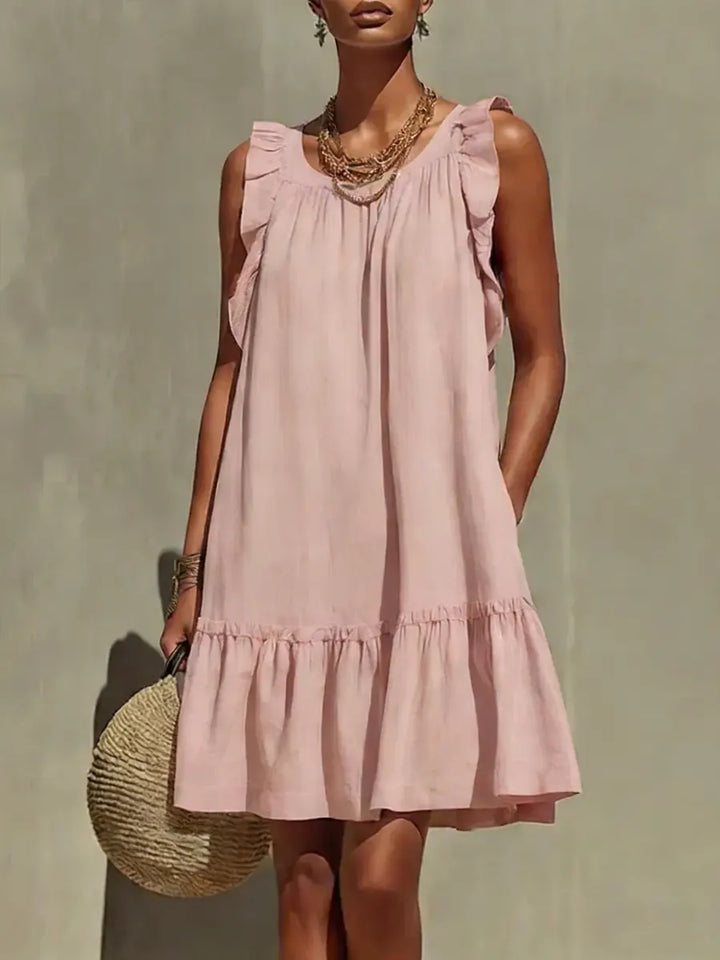 Women's Linen Mini Dress Sleeveless Ruffle Hem A-Line Sundress