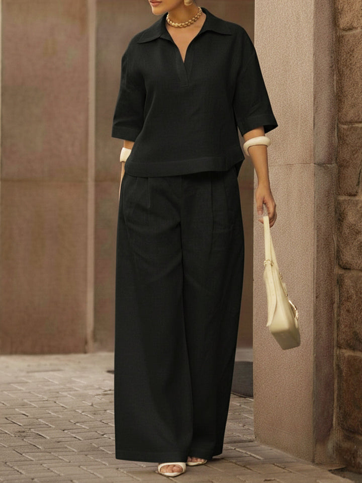 Women's Linen Two Piece Set Wide Leg Trousers and V Neck Top Lounge Wear