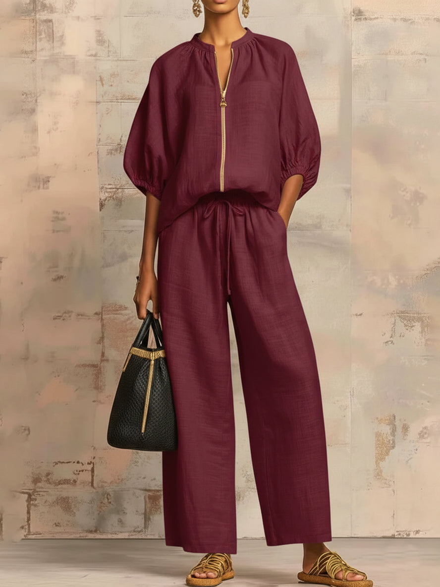 Women's Linen Blend Half Zip Top and Wide Leg Pants Two-Piece Lounge Set