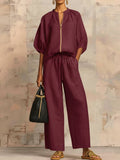 Women's Linen Blend Half Zip Top and Wide Leg Pants Two-Piece Lounge Set