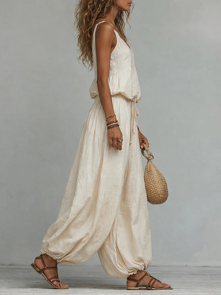 Women's Linen Boho Two Piece Set Sleeveless Top and Harem Pants Set