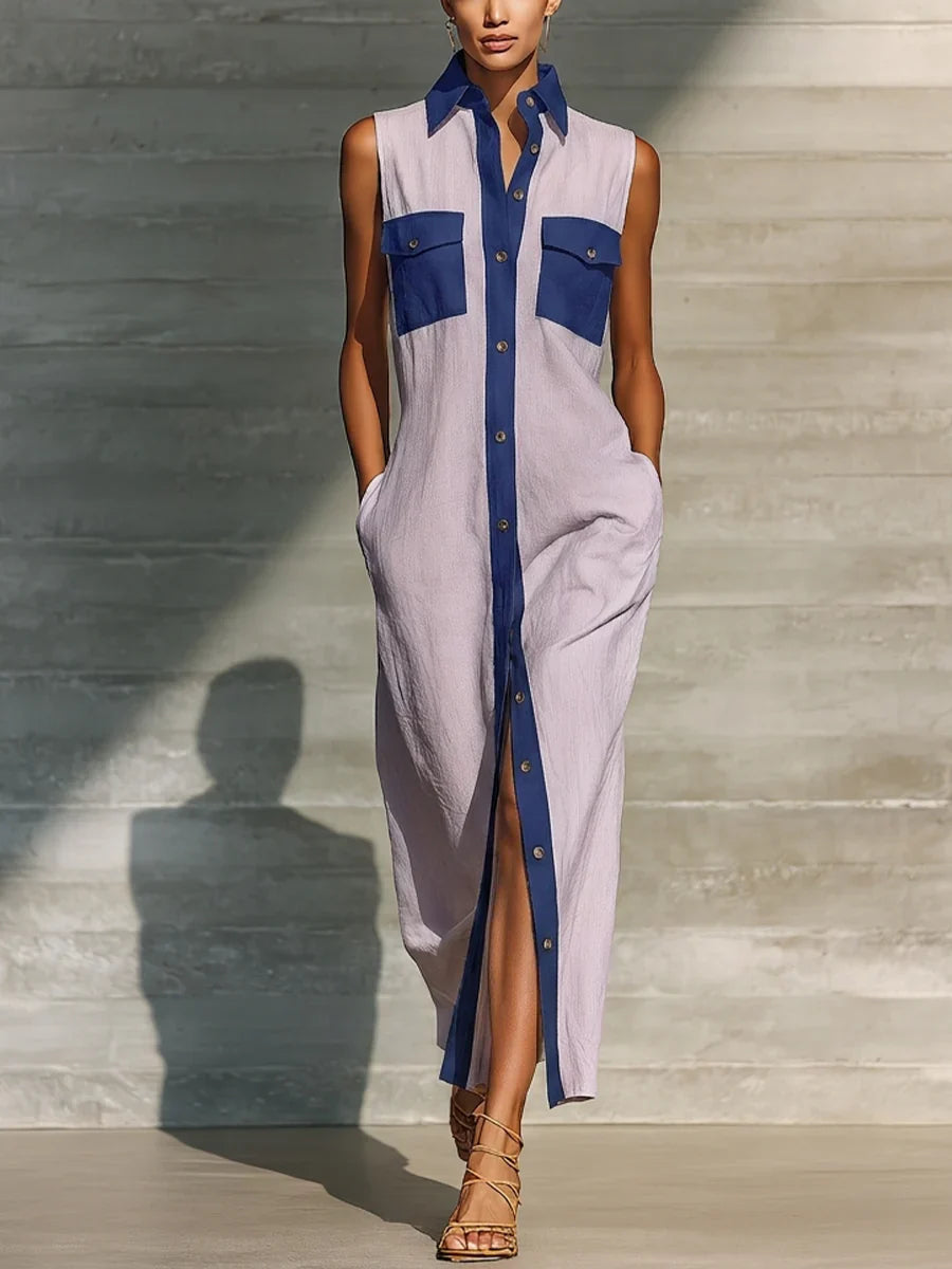 Women's Linen Sleeveless Maxi Shirt Dress
