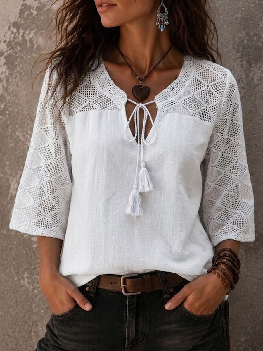 Dámská lněná halenka Boho s výstřihem do V, 3/4 rukávy, volný střih tuniky
