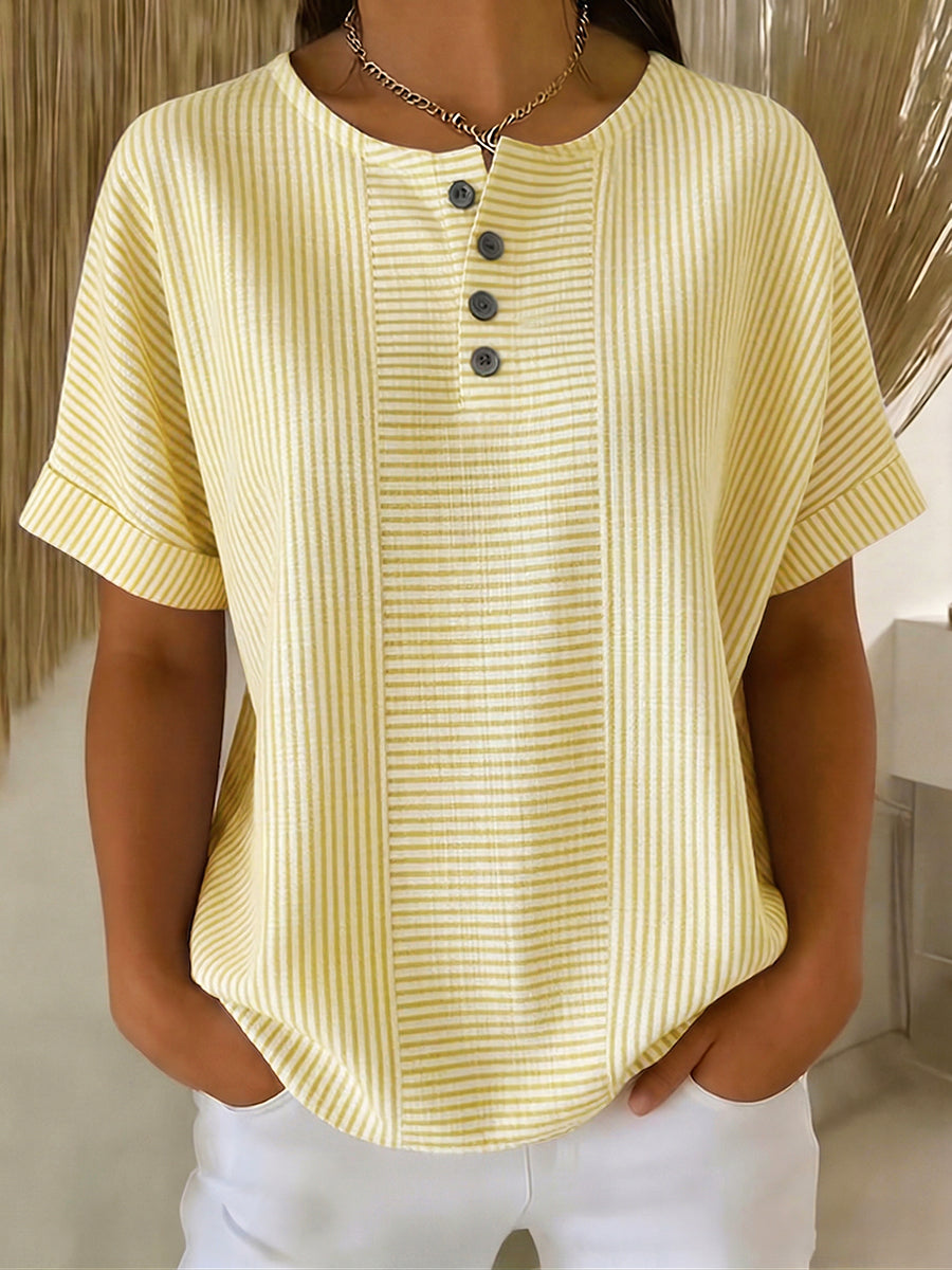 Women's Linen Short Sleeve Henley Shirt Top