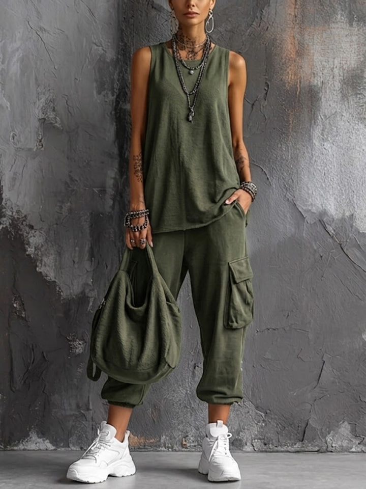 Women's Linen Blend Sleeveless Top and Cargo Trousers Two Piece Set