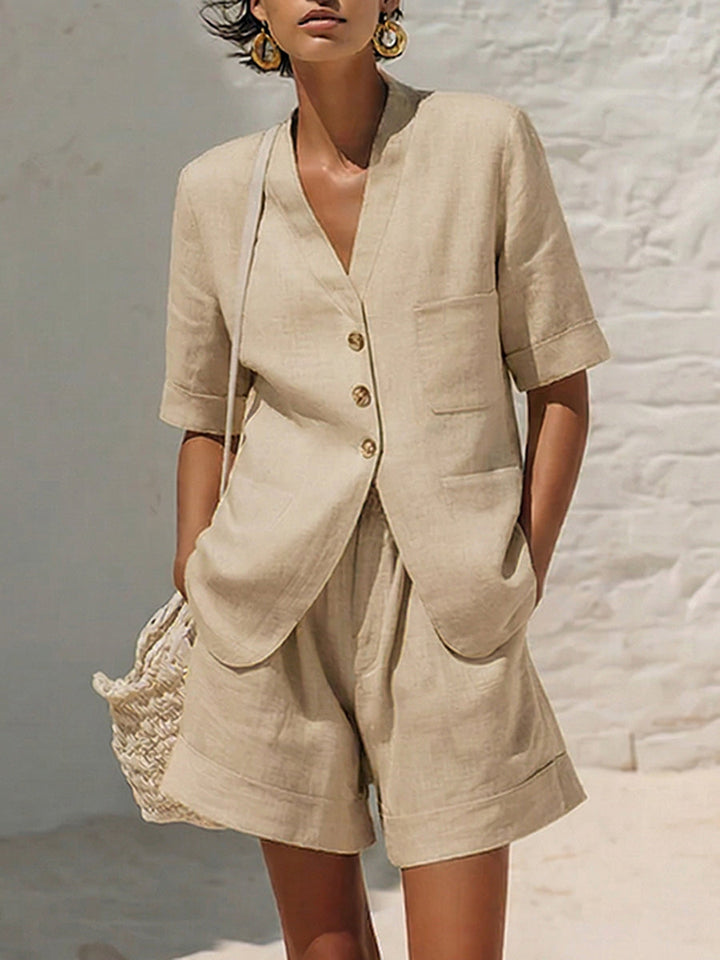 Women's Linen V-Neck Button Blazer and Shorts Two-Piece Set