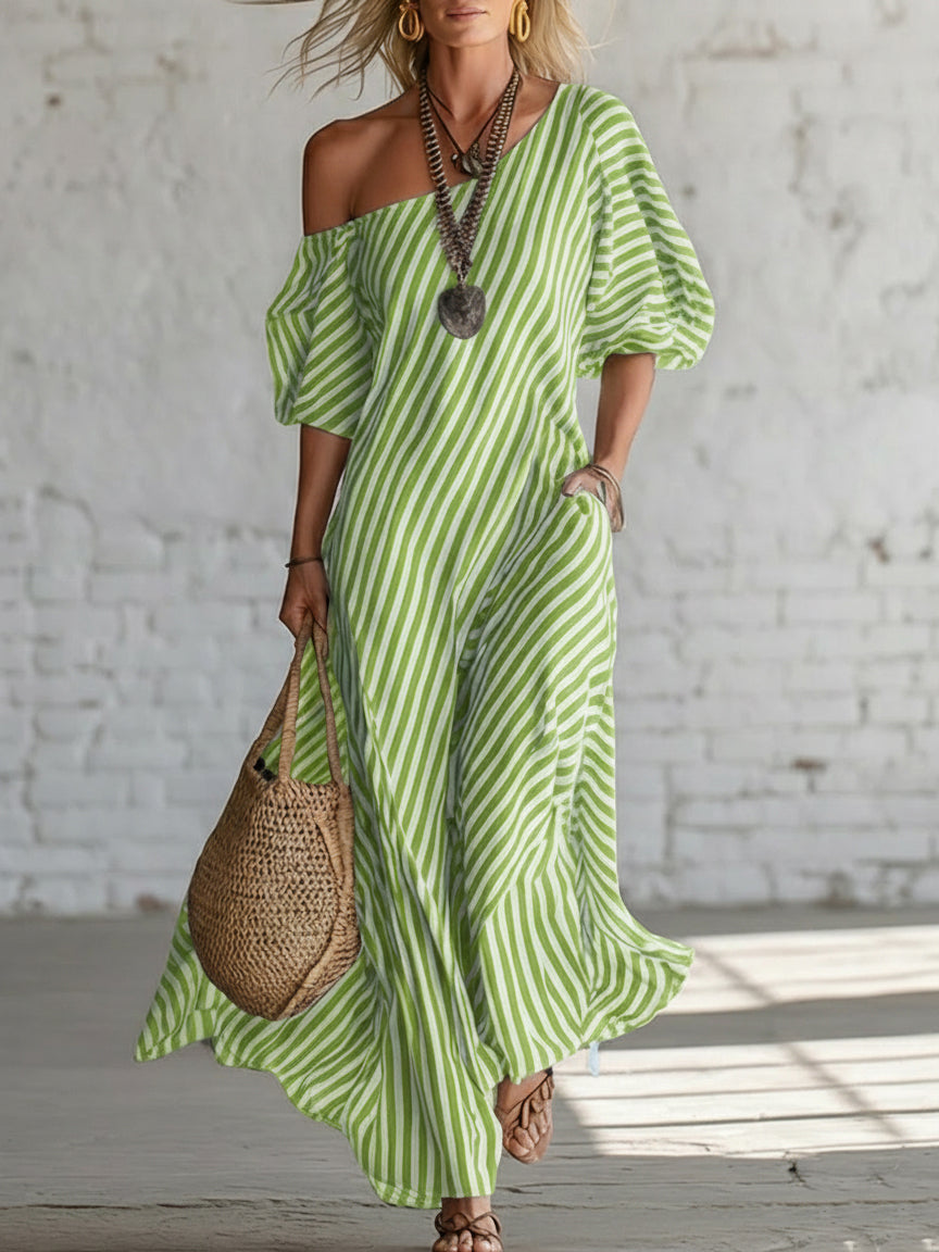 Women's Linen Off the Shoulder Maxi Dress Striped Oversized Sun Dress