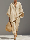 Women Linen V Neck Poncho Top and Joggers Two Piece Set