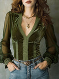 Women's Velvet V Neck Long Sleeve Lace Panel Blouse Top