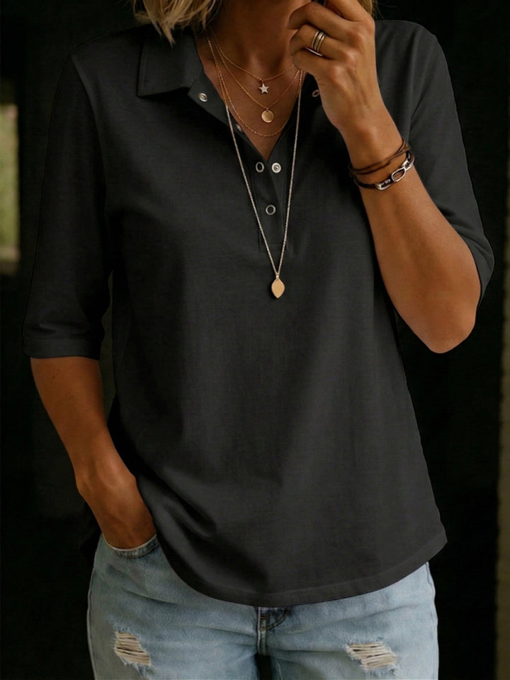 Women's Knit Polo Shirt 3/4 Sleeve V-Neck Button Top
