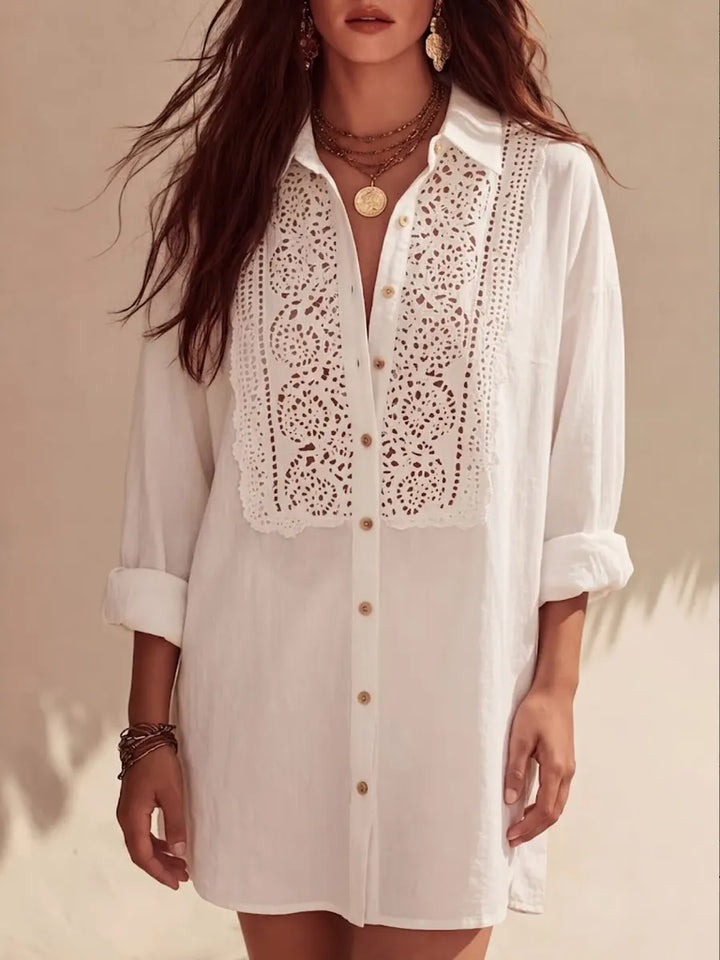 Women's Linen Blend Lace Detail Button Up Shirt Dress