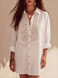 Women's Linen Blend Lace Detail Button Up Shirt Dress