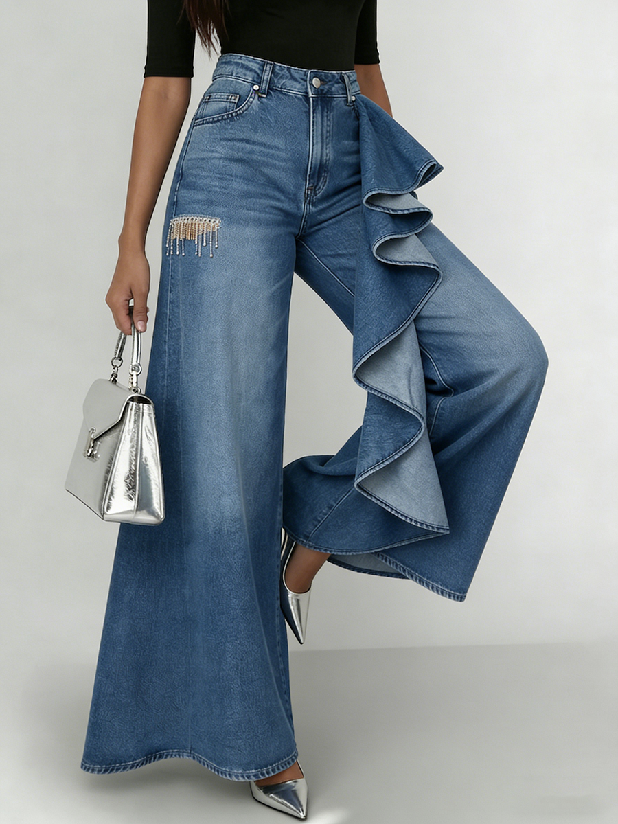 Women's Jeans Denim Wide-Leg Ruffle Asymmetric Flare Style